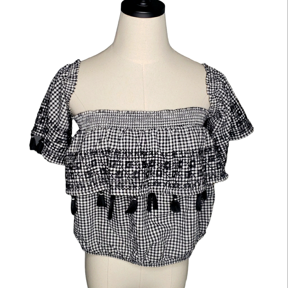 American Eagle Off Shoulder Smocked Ruffle Embroidered Gingham Tassels Crop Top